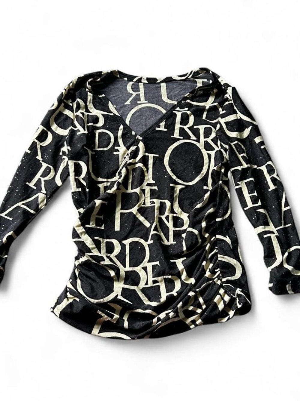 Vintage y2k 90s Black & gold graphic print long sleeve top with ruched detail #g